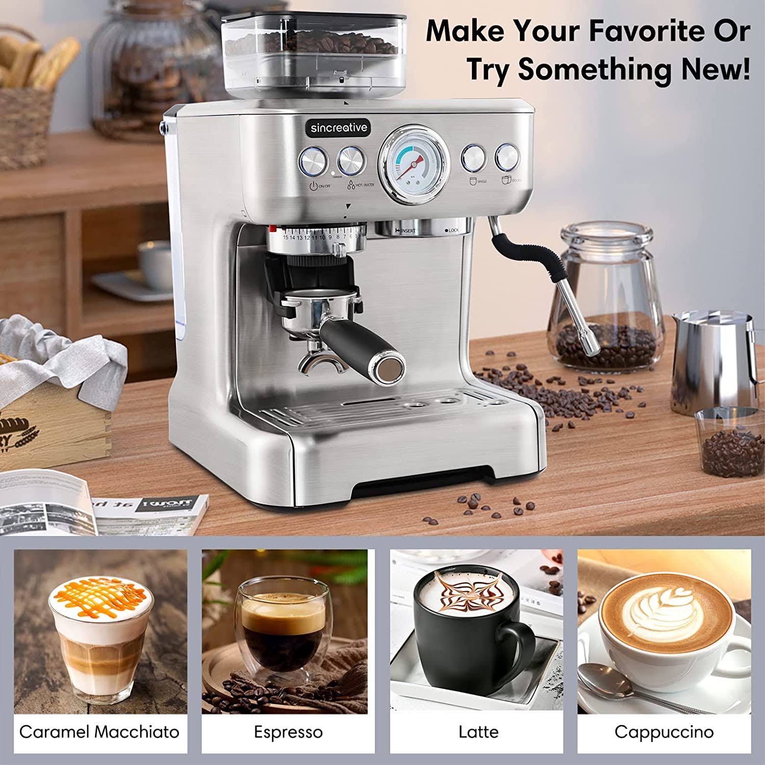 Authentic Sincreative Espresso Machine & Coffee Maker – 20Bar Semi Automatic Espresso Machine with Grinder & Steam Wand – All in One Espresso Maker & Latte